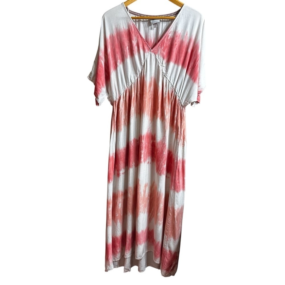Knox Rose Orange White Tie Dye Linen Hi Low Hem Flutter Sleeve Midi Dress XL